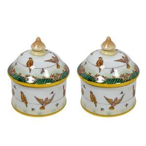 VTG Ceramic Hand Painted Lidded Jar Set Dish Asiatides Mark Chinese Birds 2PCs